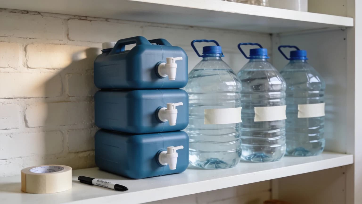Food-grade water containers on a white shelf in a bright utility room: three stacked blue jerry cans with white spigots and four large clear jugs with blue caps, each carrying a blank strip of masking tape for a date, with a marker pen and a roll of tape beside them.