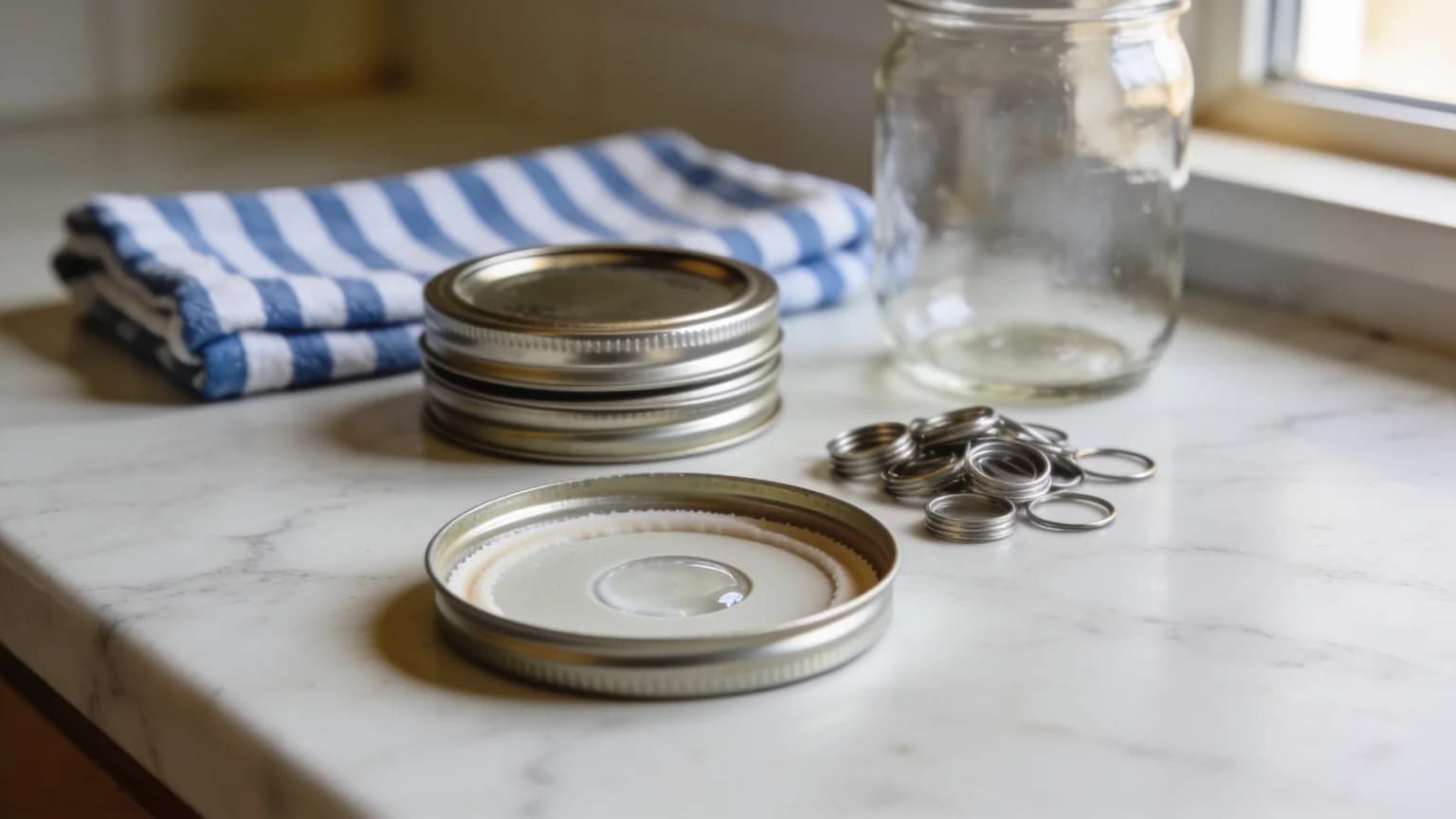A used mason jar lid lying face up on a marble worktop, the circular rim indentation clearly pressed into its white sealing compound, beside a stack of new flat lids, a pile of reusable screw bands and an empty jar in window light.