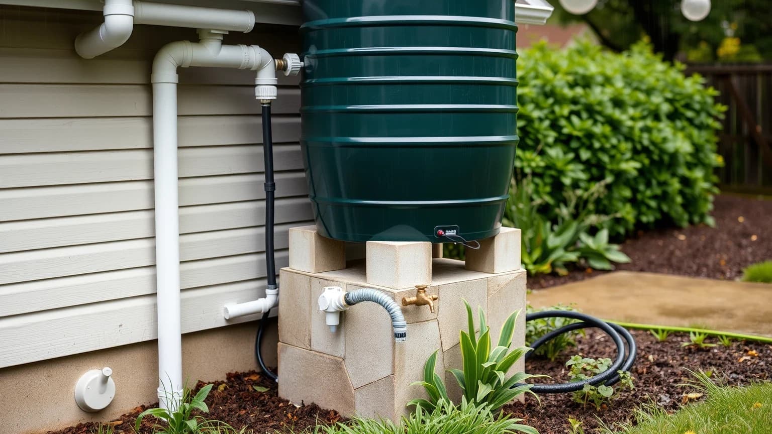A dark green rain barrel on a concrete block stand beside a house, fed by a white downspout and diverter pipework, with a brass spigot and an overflow hose running into a garden bed.